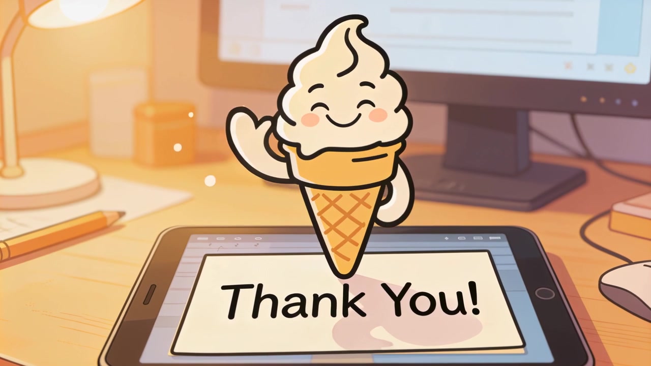 Cono de helado suave flotando sobre una tableta que muestra ¡Gracias!, levantando el brazo y saludando en el escritorio
