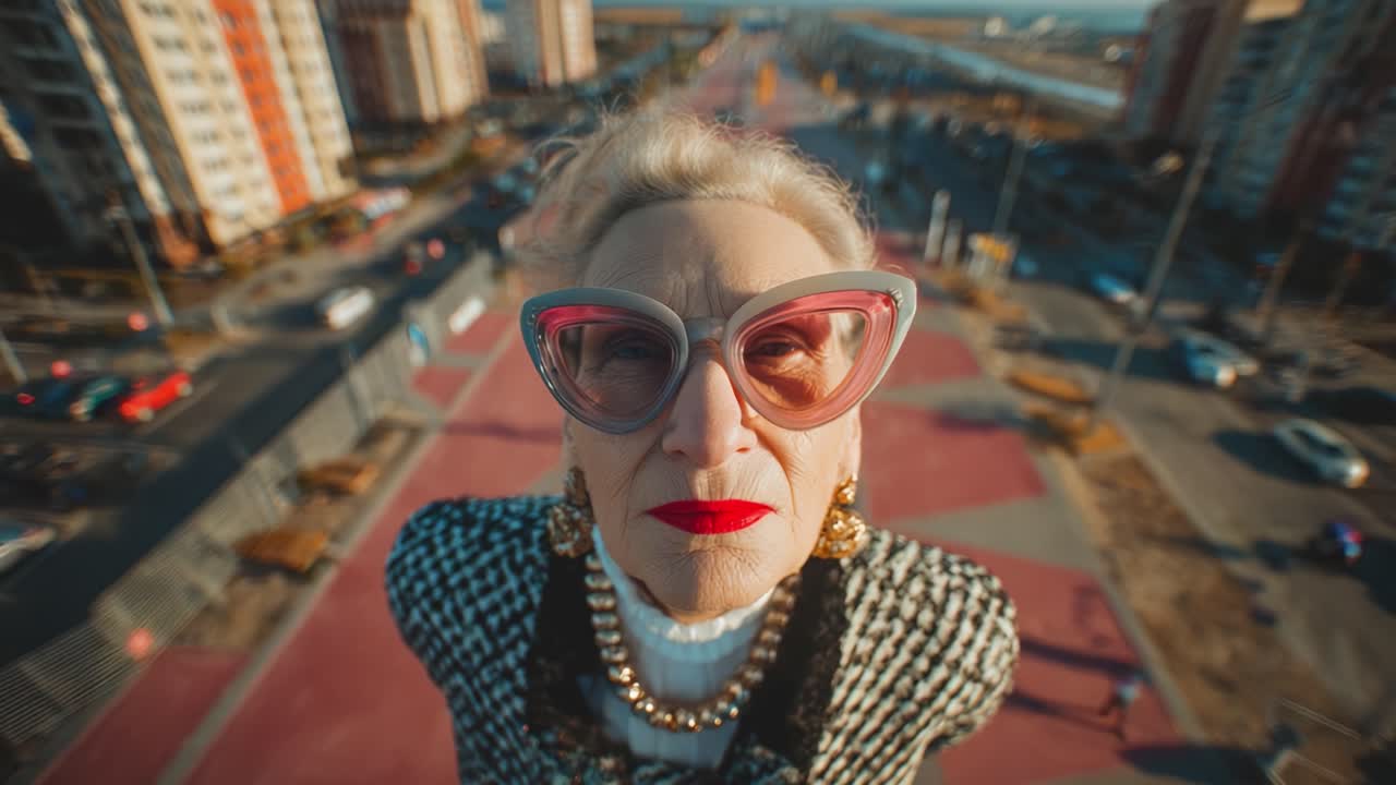 A Stylish Senior Woman Embracing Urban Life: An Elderly Fashion Icon with Bold Glasses and Vibrant Lipstick Poses Confidently Against a Bustling City Background Demonstrating Ageless Style