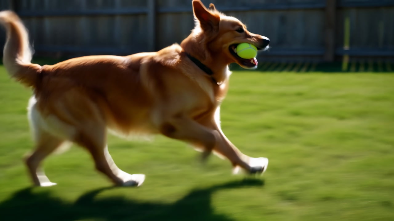 Golden Retriever Running With Tennis Ball Across Sunlit Backyard Grass, Tail Wagging, Panting, Motion Blur,