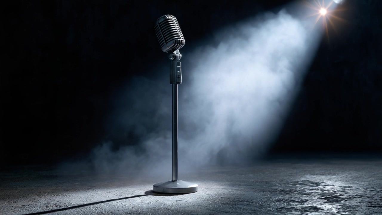 A Retro Microphone Stand Illuminated by Spotlight in a Dimly Lit, Smoky Environment, Creating an Atmosphere Ideal for Captivating Performances and Music Moments