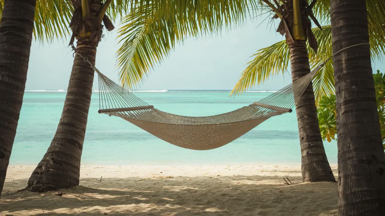A Serene Hammock Swings Between Palm Trees on a Tranquil Beach, Offering the Perfect Spot for Relaxation and Enjoying Stunning Views of Turquoise Waters