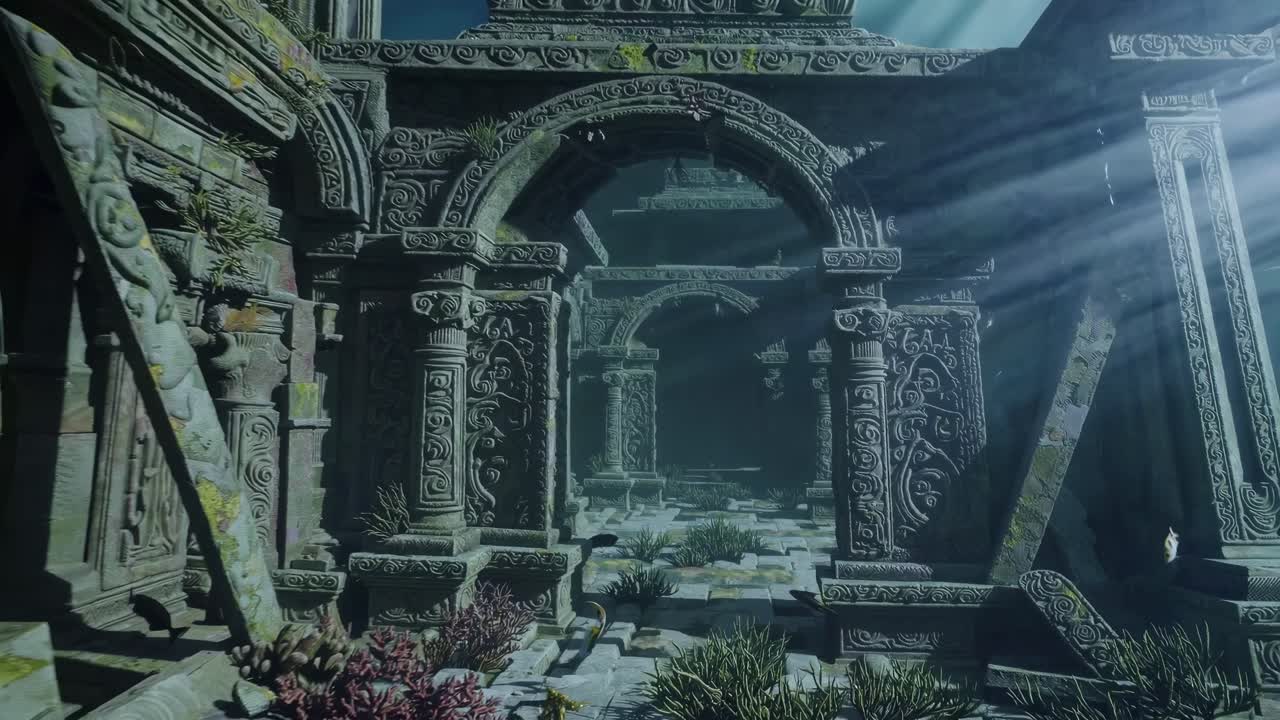 침몰 된 수중 사원 폐허