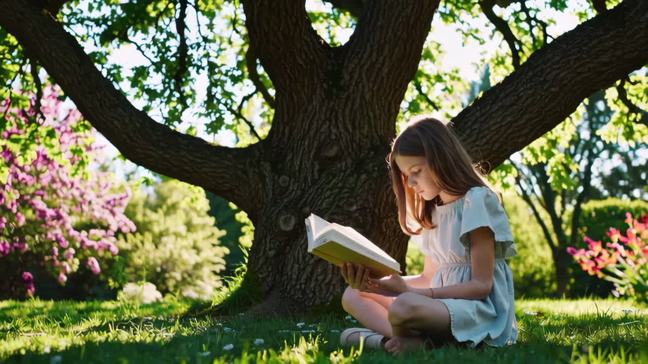 Girl Reading a Book in a Park