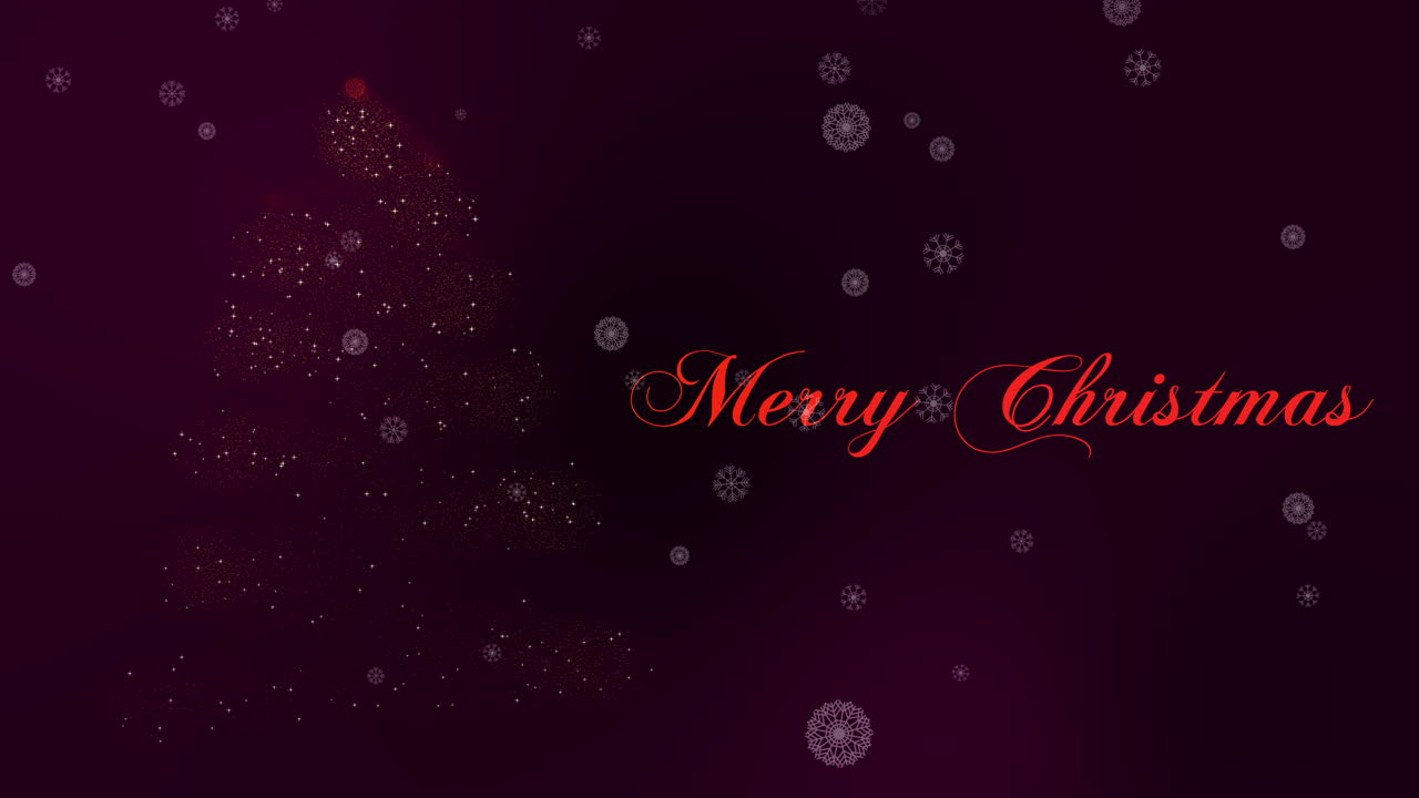 어두운 왕실 보라색의 눈조각과 함께 나타나는 마법의 나무와 함께 즐거운 크리스마스 타이틀