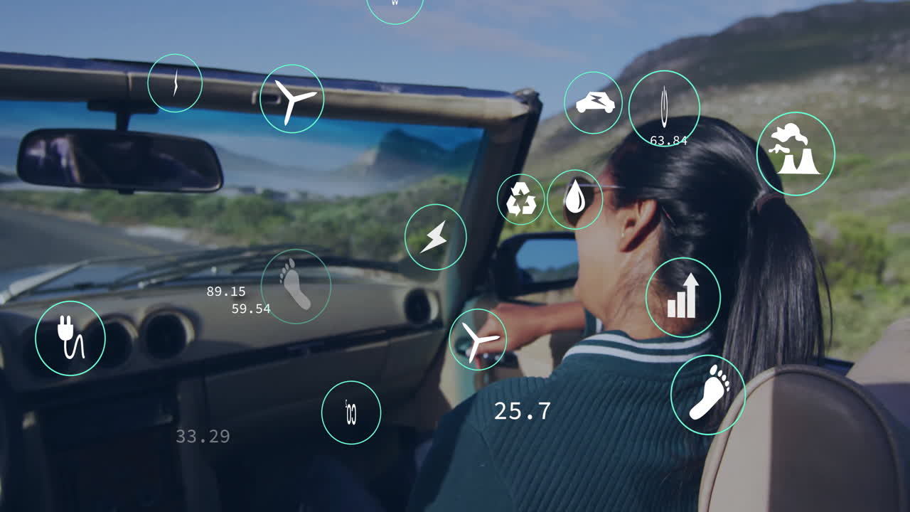 Driving convertible, woman with digital interface icons overlaying animation scene