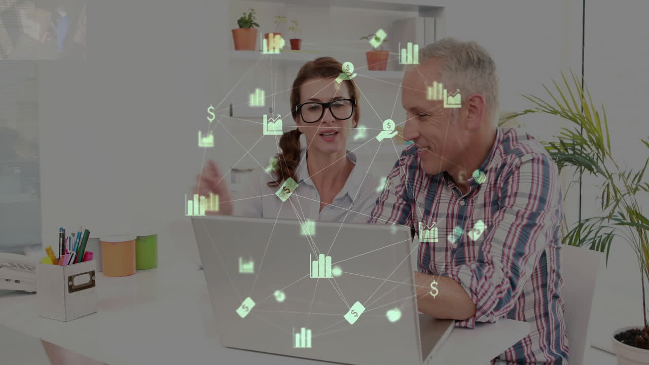 animación de la red de conexiones con iconos sobre diversas personas de negocios en la oficina