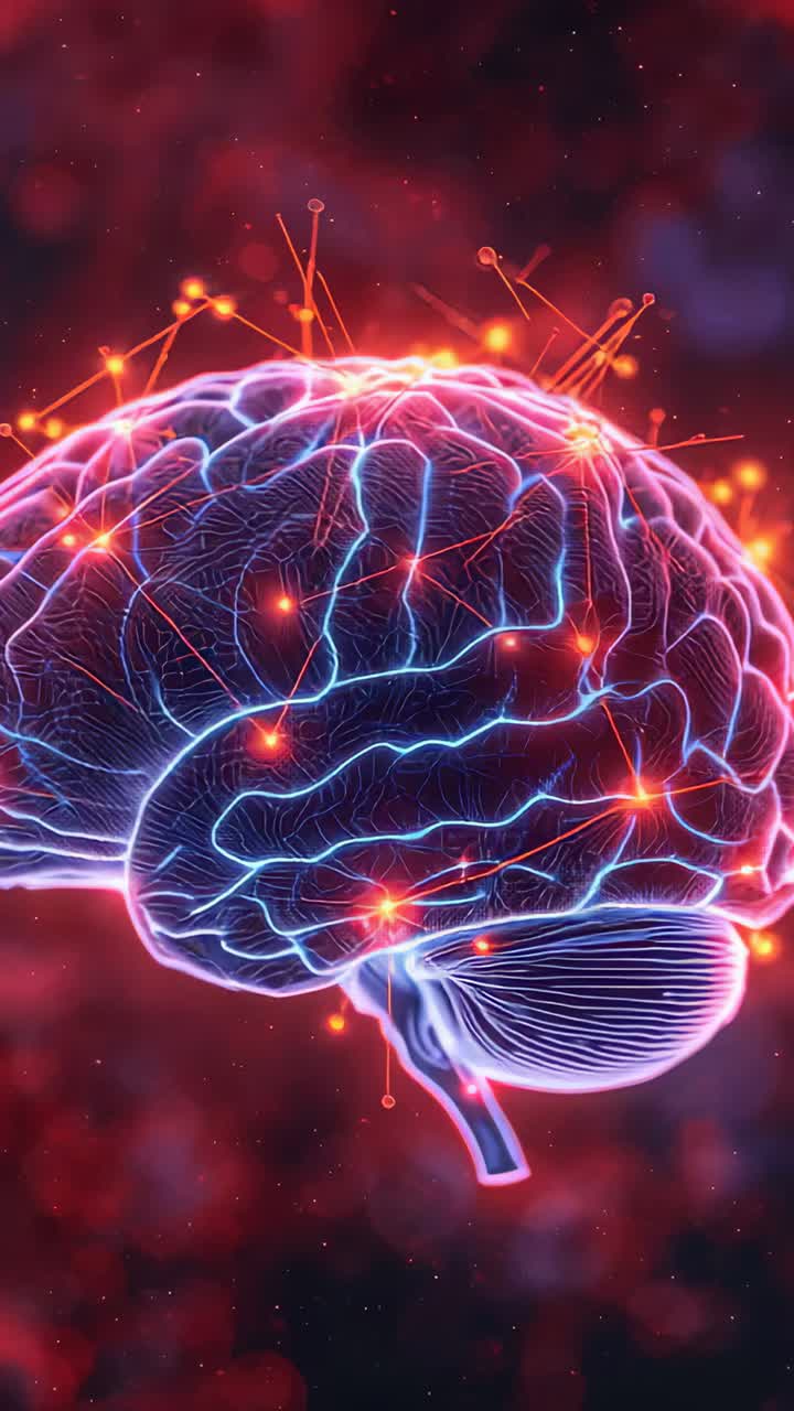 Vertical video: Neon outline sparking brain pulsing redorange nodes along neonblue cortex in nebula