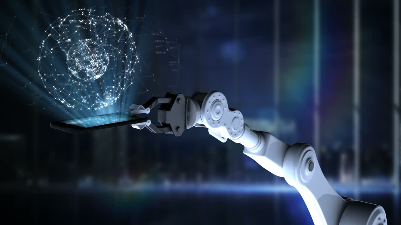 로 손은 연결 라인을 가진 조명 된 휴대 전화를 제시합니다.