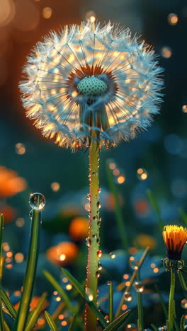 dandelion glowing in the evening light. a dandelion's seeds gleam in soft light among colorful blooms and glistening droplets.