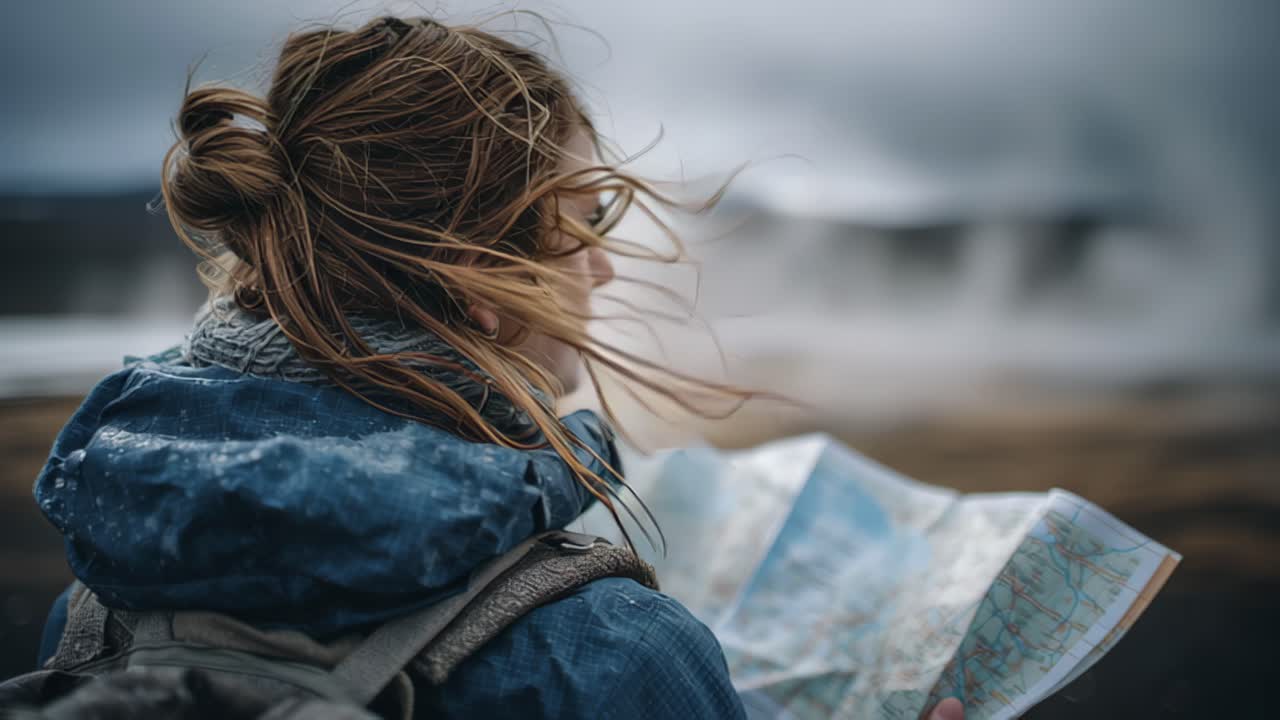 Rear view of a young woman hiker with backpack holding a paper map in strong wind. Outdoor travel navigation concept in cold, cloudy weather with copy space