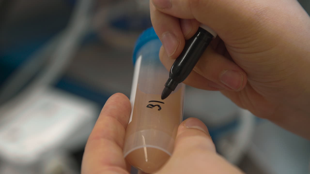 Primo piano di mano che etichetta provetta con data in laboratorio