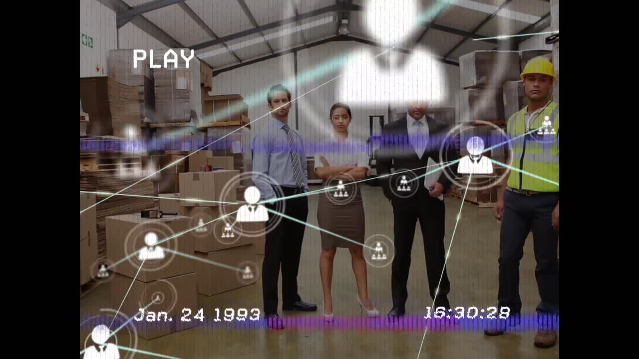 고장 기술의 애니메이션, 창고에 서 있는 다민족 동료들 위에 연결된 아이콘