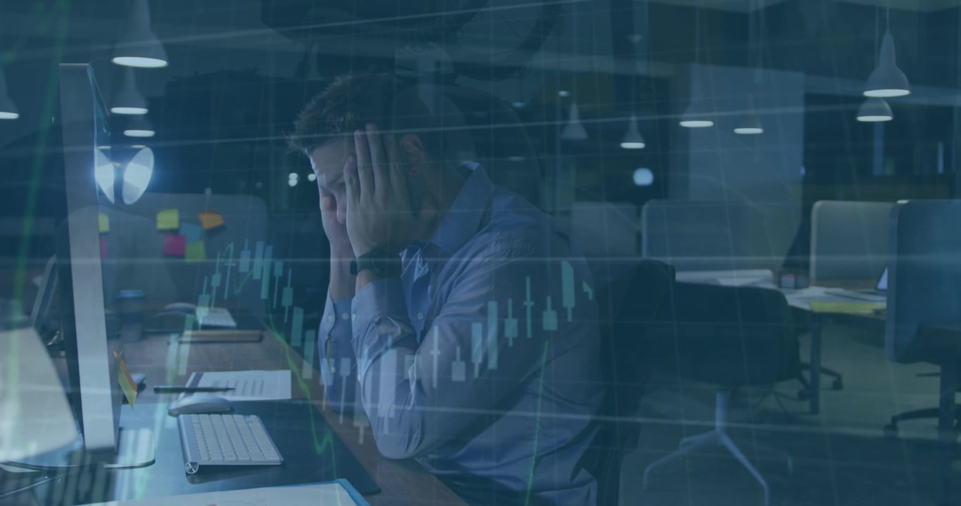 Animation of financial data processing over businessman working in office