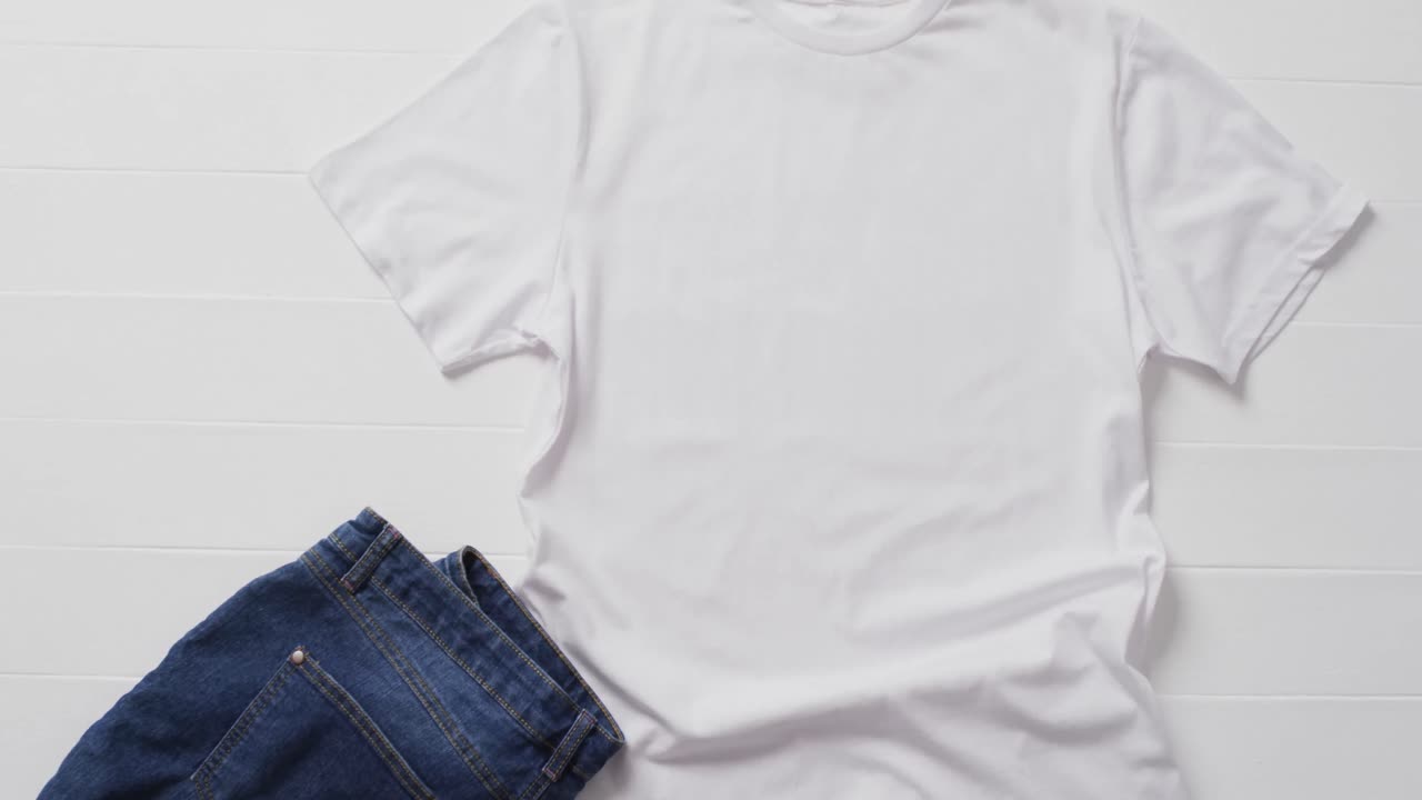Video of white t shirt, denim trousers with copy space on white background