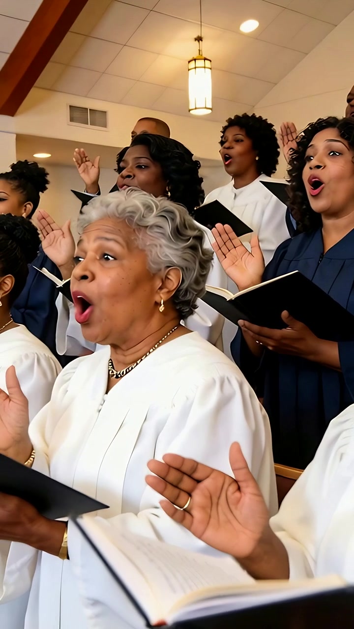 Vertical video: Pulling back camera, choir in robes singing in church in worship with hymnals