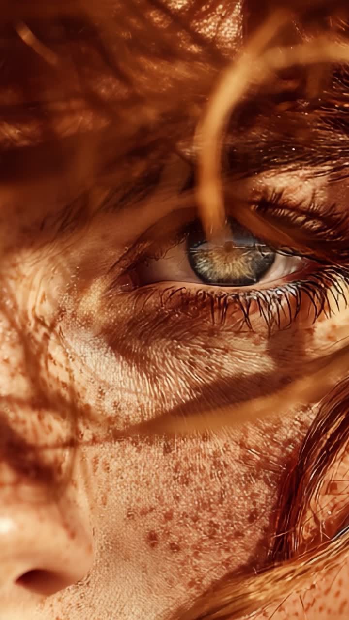 Primo piano accattivante di un occhio umano che mostra lentiggini uniche e un'iride blu sorprendente, illuminato dalla luce naturale, evidenziando la bellezza dell'emozione umana pura.