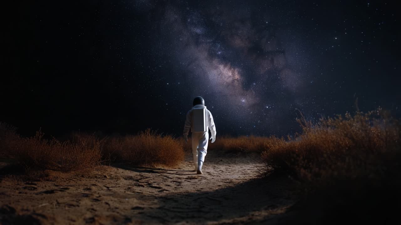 Ein Astronaut erkundet die geheimnisvolle Landschaft unter einem Sternenhimmel voller Milchstraßengalaxien und wandert durch das zerklüftete Gelände einer fremden Welt.