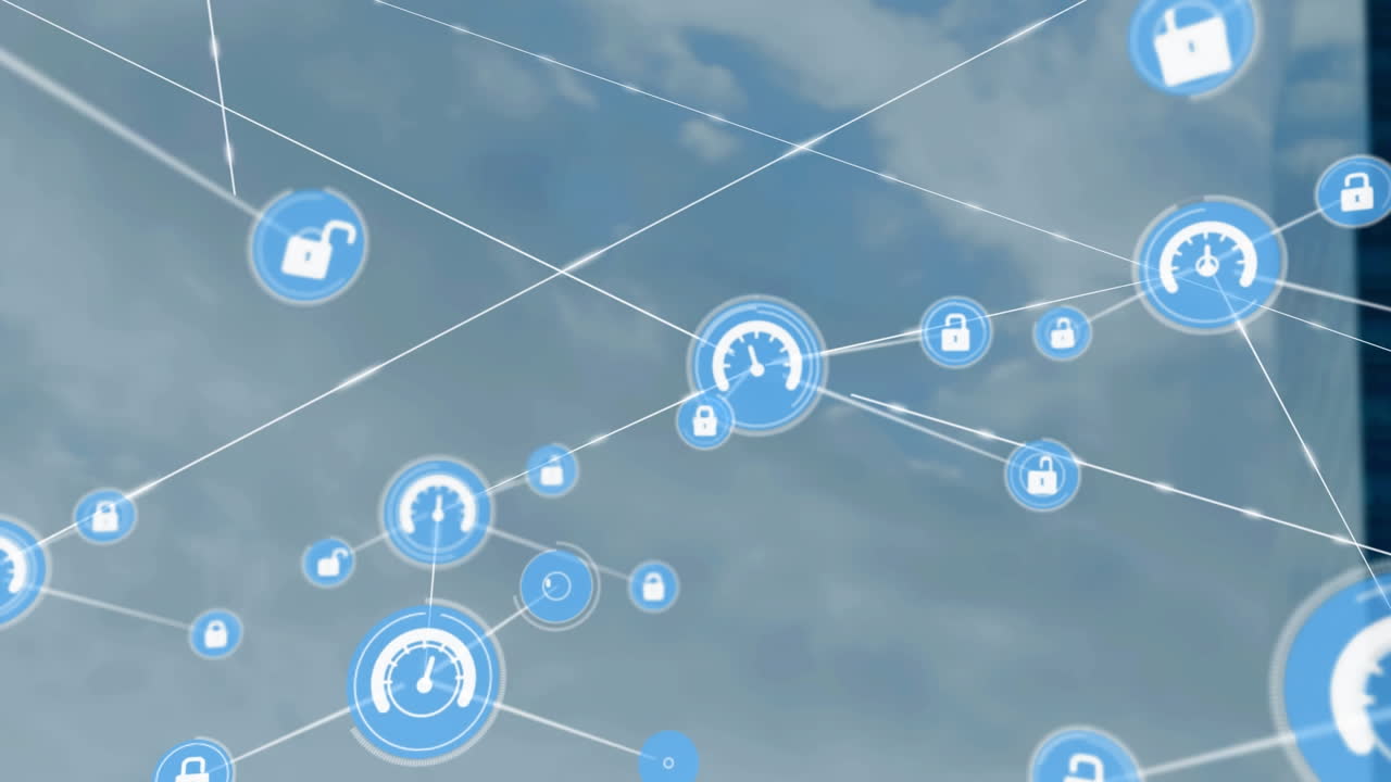 Animation of network of connections with icons over modern office building