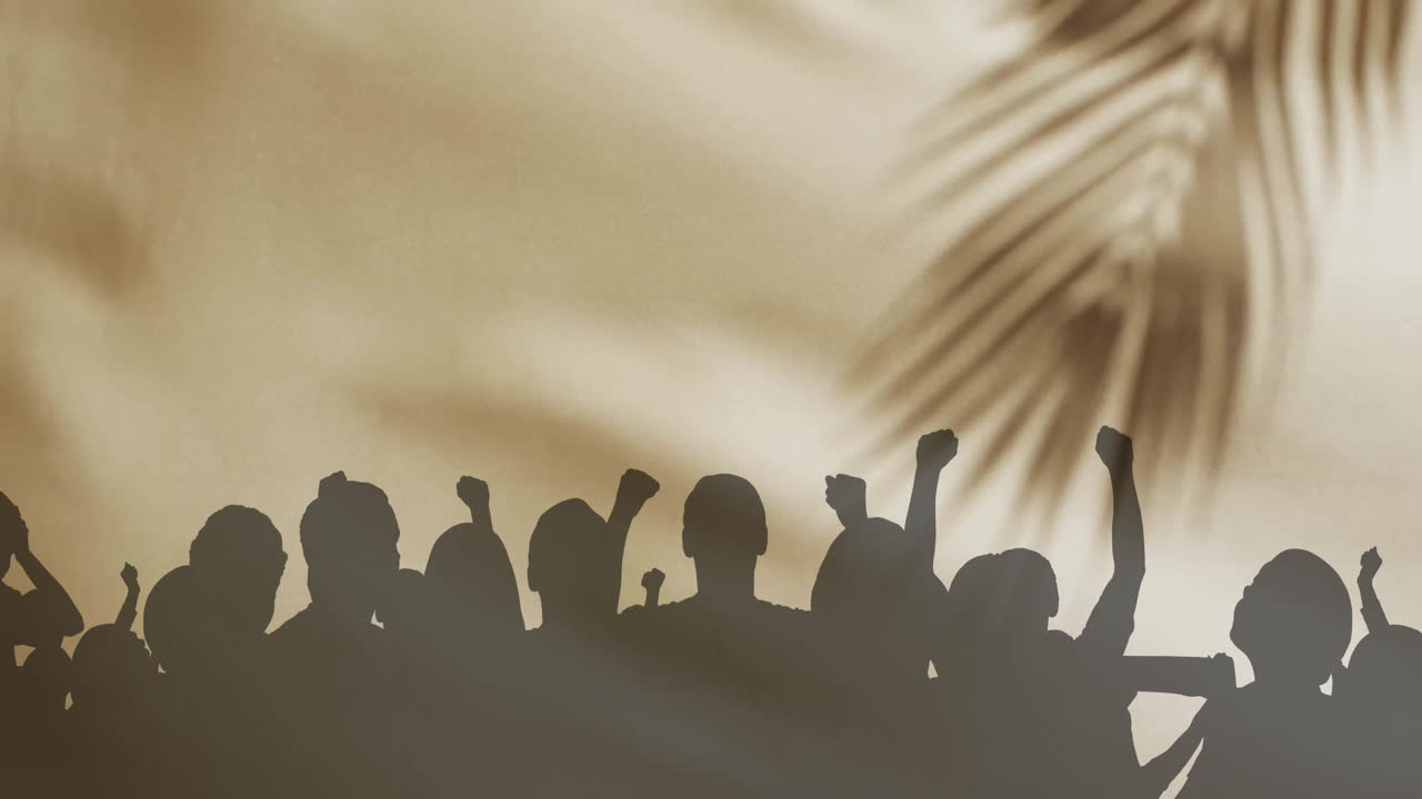 나무 위에 천을 뛰어다니며 떠다니는 사람들의 실루의 애니메이션