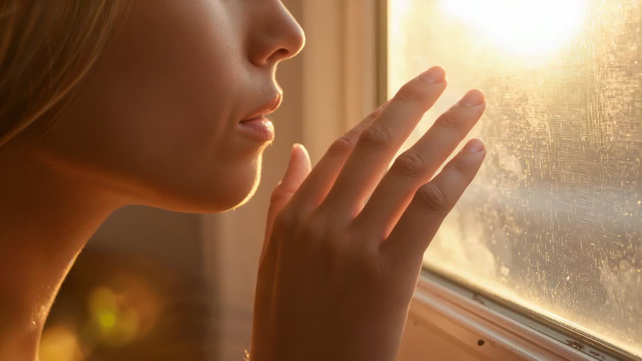 Donna adulta che allunga una mano verso la finestra di casa, la luce del sole illumina, generando una piacevole sensazione di calore