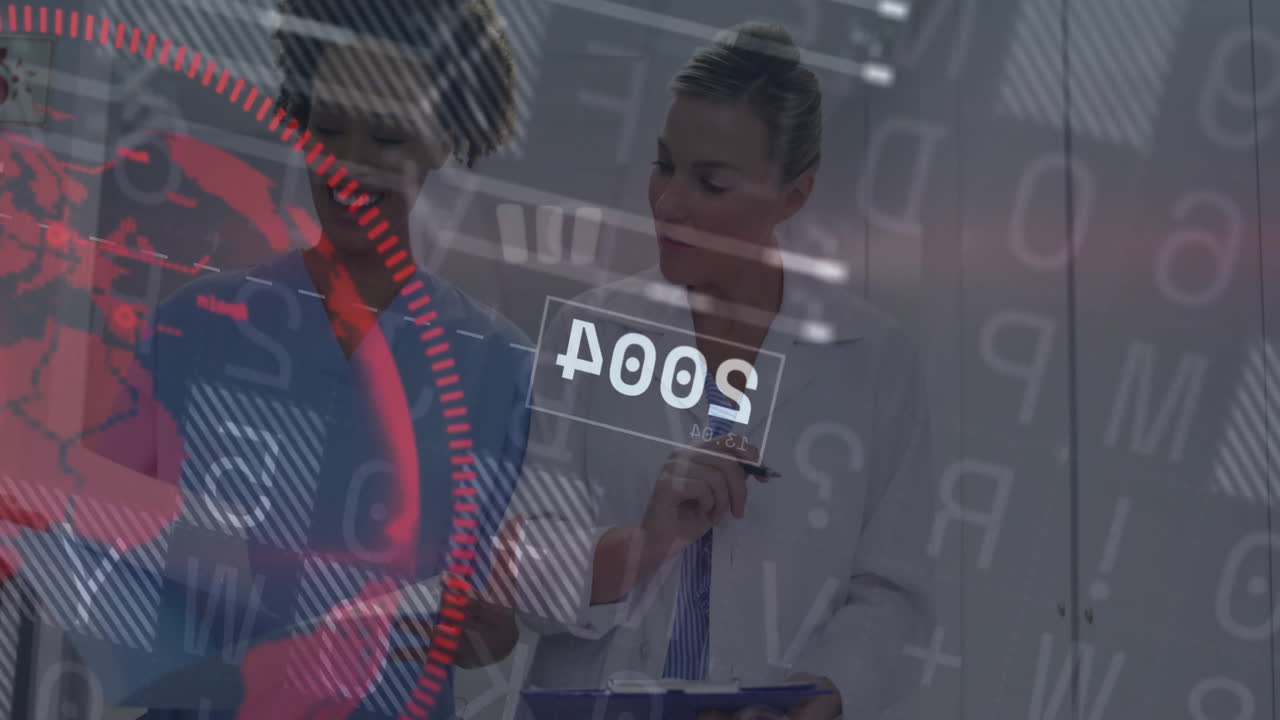 Senior doctor holding clipboard and nurse gesturing at interface, showcasing health HUD graphics