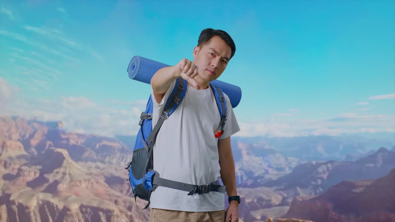 Asian Male Hiker With Mountaineering Backpack Showing Thumbs Down Gesture While Traveling At The Top Of Mountain