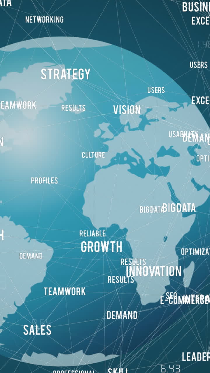 animación de conexiones de textos en todo el mundo sobre fondo azul