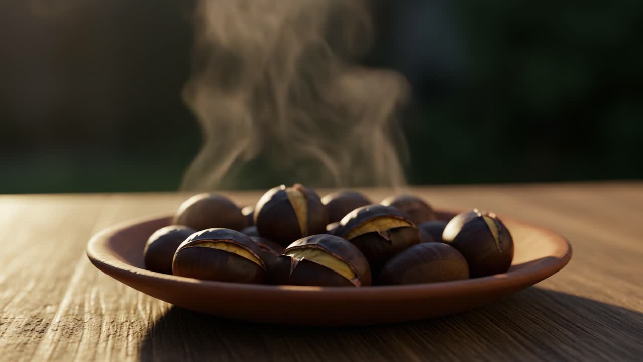 Aromatic Chestnuts Roasting on a Plate: The Warmth of Comfort Food Captured in Two Frames, Showcasing Steam and Natural Brown Hues Intertwined with Cozy Ambiance