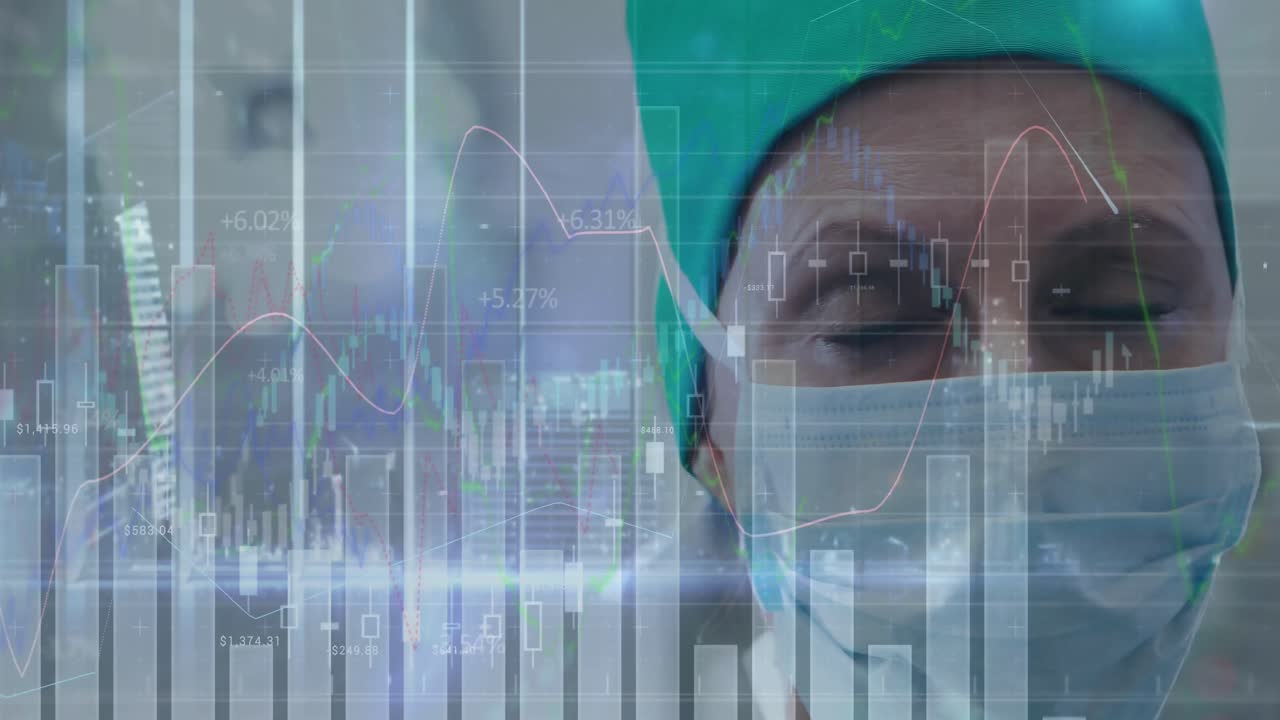 Animatie van financiële gegevensverwerking over blanke vrouwelijke arts