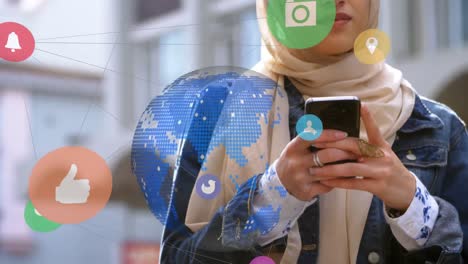 web of connections icons and spinning globe against woman in hijab using smartphone