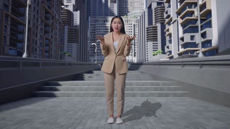 frustrated businesswoman in cityscape