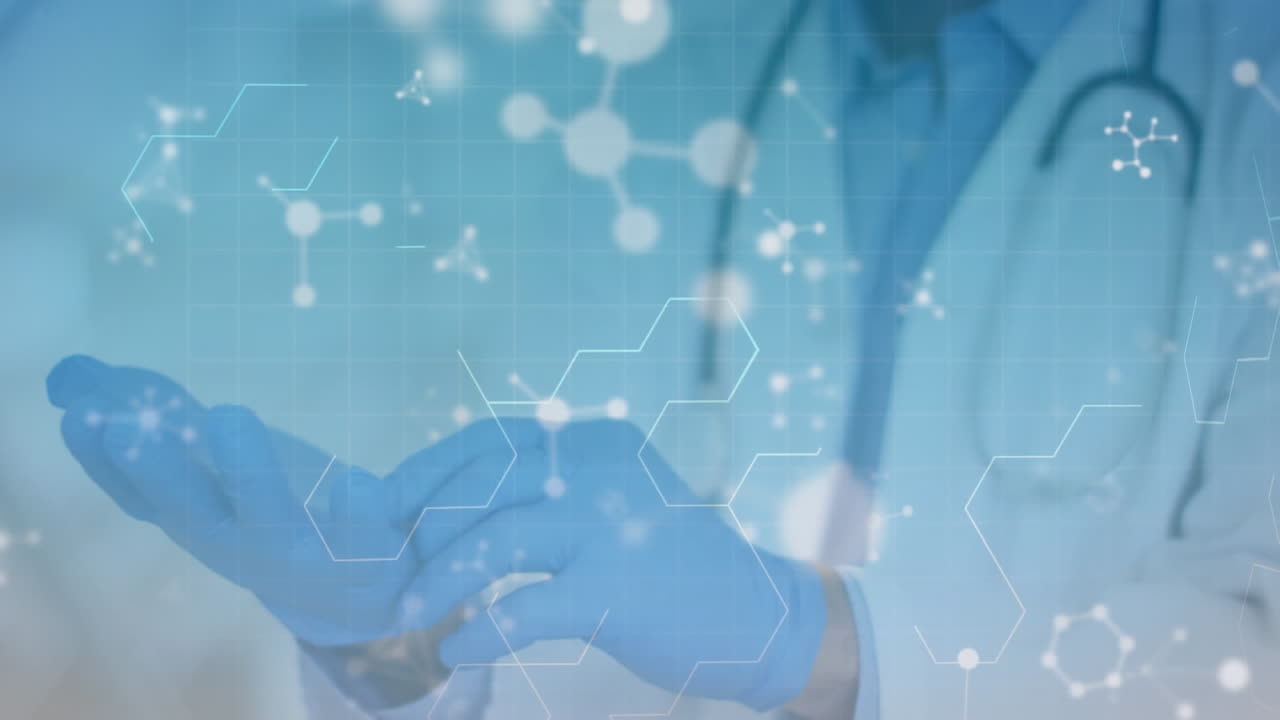 Animation of hexagons and floating nucleotides, caucasian doctor wearing gloves