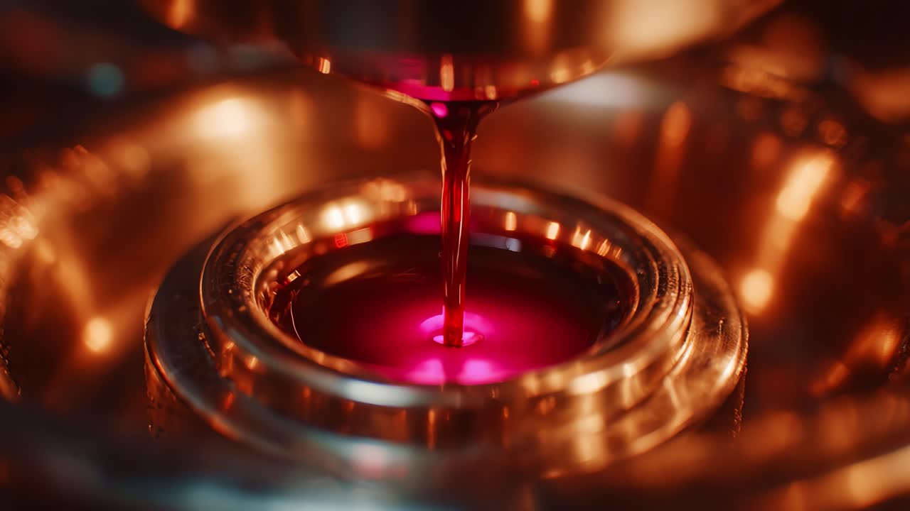 Captivating Process of Pouring Vivid Pink Liquid into Metallic Bowl with Reflections and Subtle Highlights, Showcasing Flowing Movement and Color Dynamics