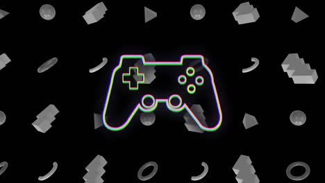 animation of gamepad icon over shapes on black background