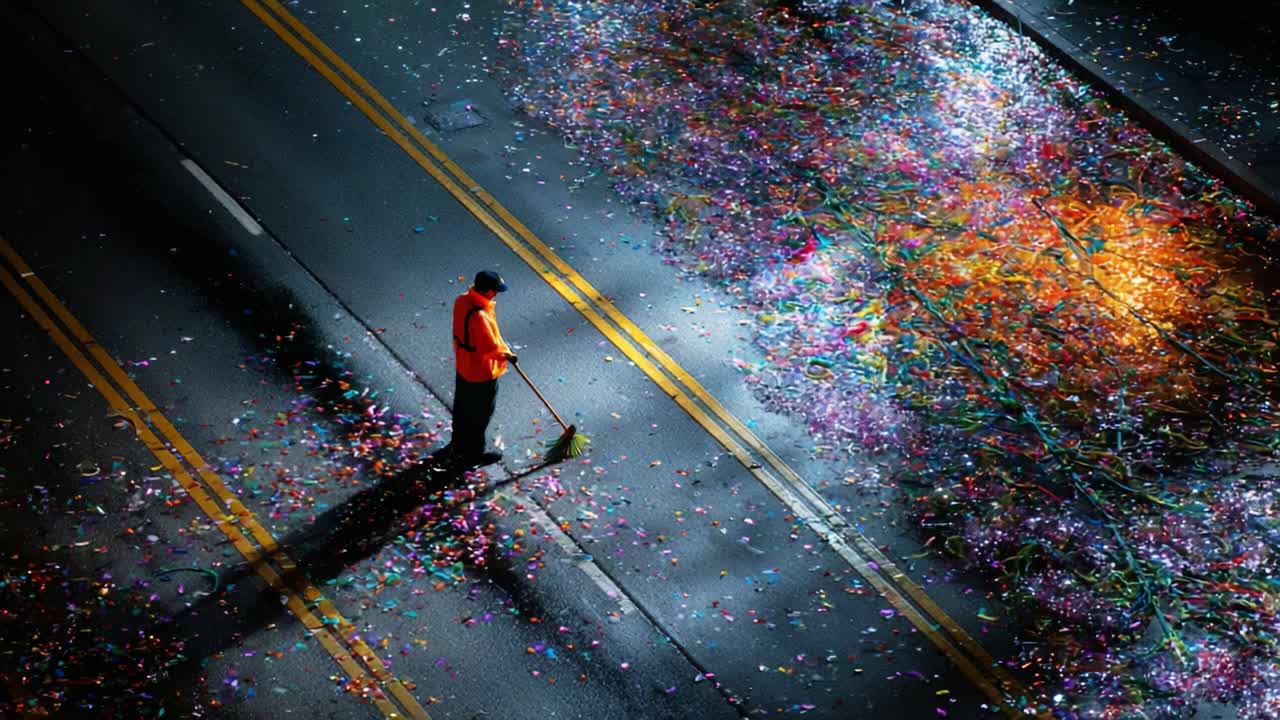 After the Celebration: A Maintenance Worker Cleans Up the Streets Littered with Colorful Confetti and Streamers, Restoring Order to the Urban Environment Following a Festive Event