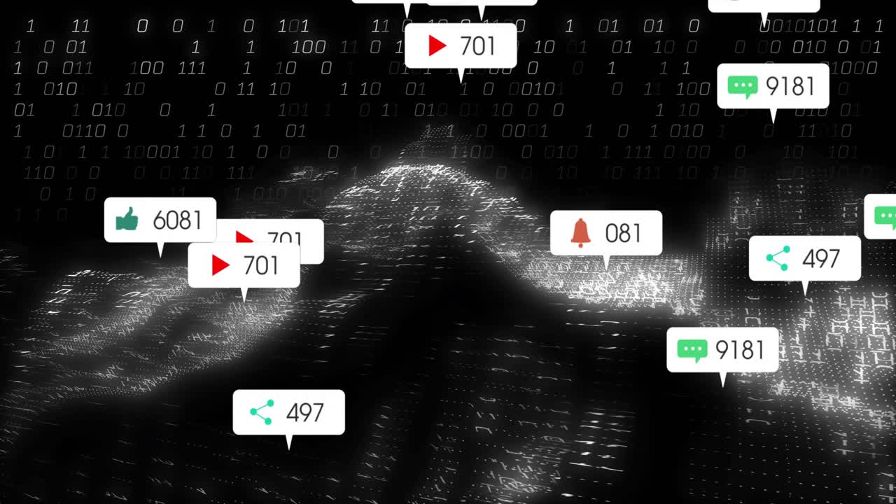 Binary grid unfolding, data boxes rising with social icons, metrics multiplying, updating