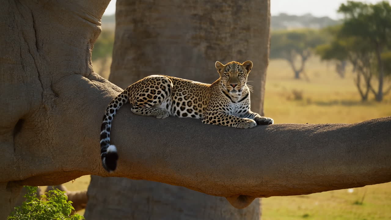 Afrika savanında bir ağaç dalında dinlenen vahşi leopar.