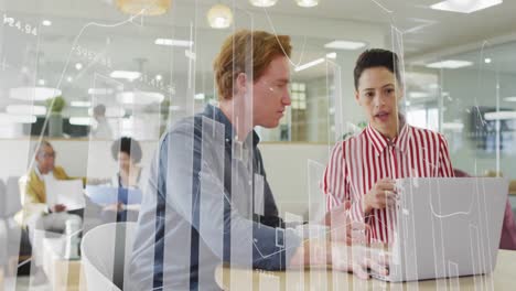 Animation-of-statistical-data-processing-over-diverse-man-and-woman-discussing-over-laptop-at-office