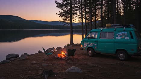 a serene evening at the lake: a vibrant van and cozy campfire setting amidst towering trees and reflective waters in a peaceful nature retreat