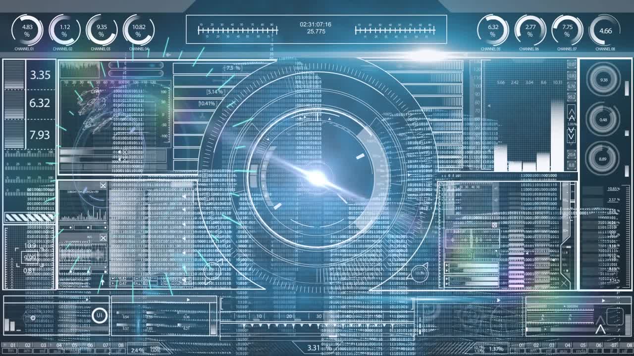 Animation of scope scanning over data processing on black background