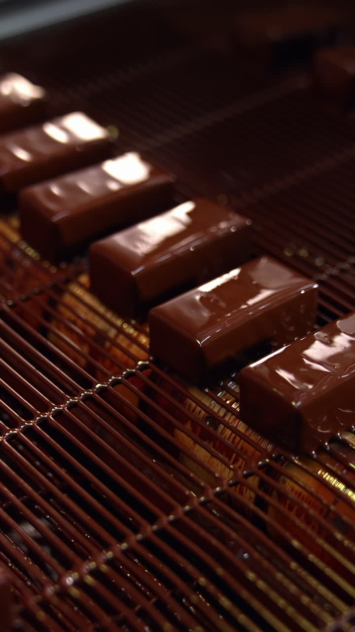 Tasty sweets are moving along conveyor to get rid of chocolate surplus. Freshly-covered sweets at the conveyor. Close up. Vertical video
