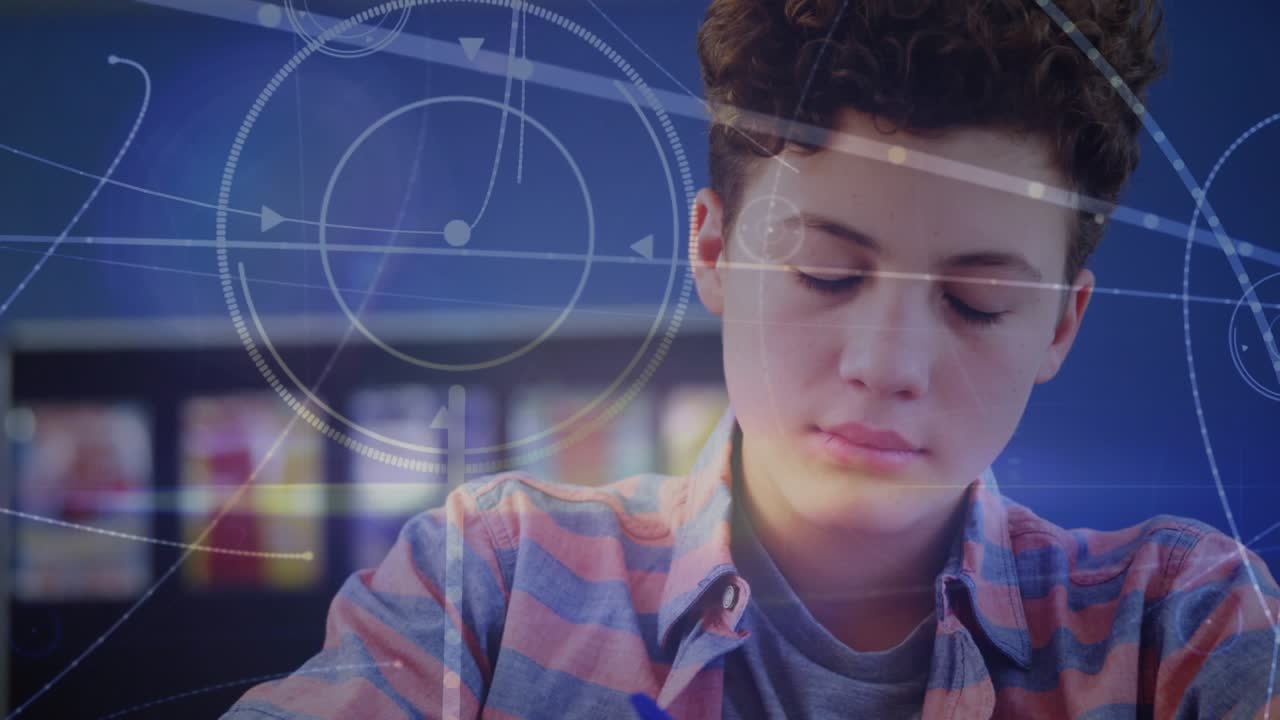 Animation of network of connections over caucasian boy learning at school