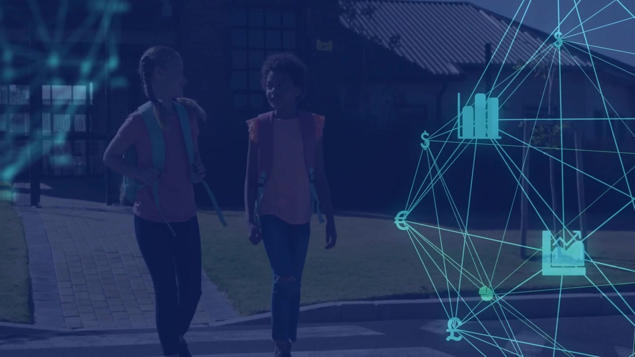 Student girls walking on path, displaying finance overlay with currency symbols and chart icons