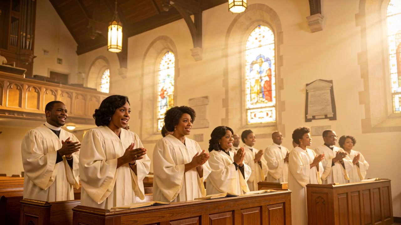 Singing church choir in white robes after organ cue in sanctuary during service, clapping by pews