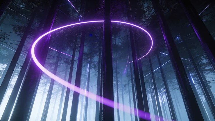 Magenta neon spiral entering lower-left, rising in fog between trunks, forming canopy ring for tech