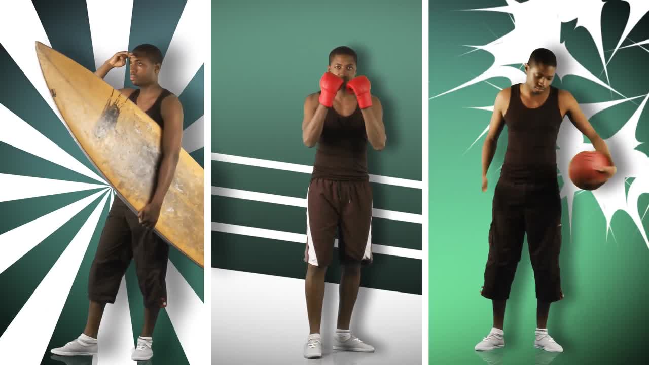 animación de un niño africano haciendo diferentes deportes en alta definición