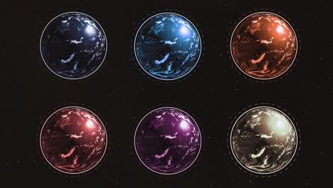 six different colorful planets in rows spinning over starry dark space.