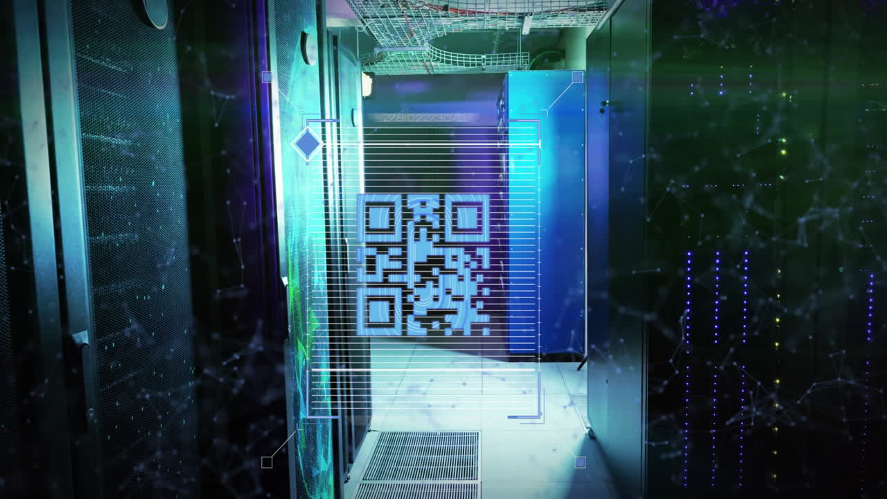 QR code and digital interface animation over futuristic server room environment