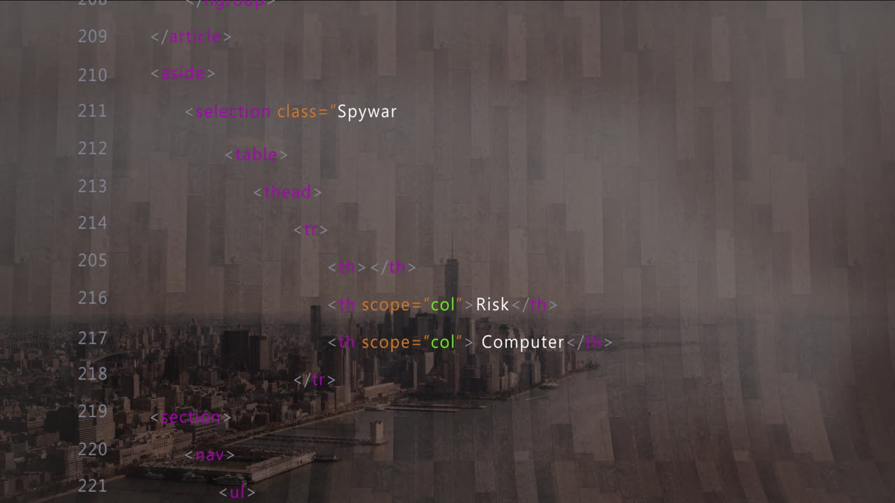 HTML code overlaying cityscape and river view with animation text