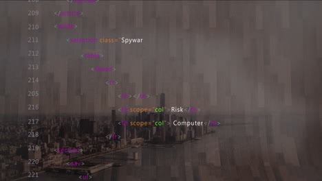html code overlaying cityscape and river view with animation text